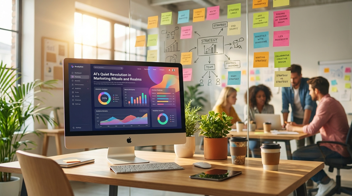 Abstract AI networks weaving marketing rituals and human elements