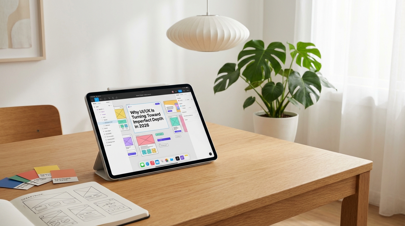 Abstract 3D asymmetrical UI with bold typography and vibrant gradients